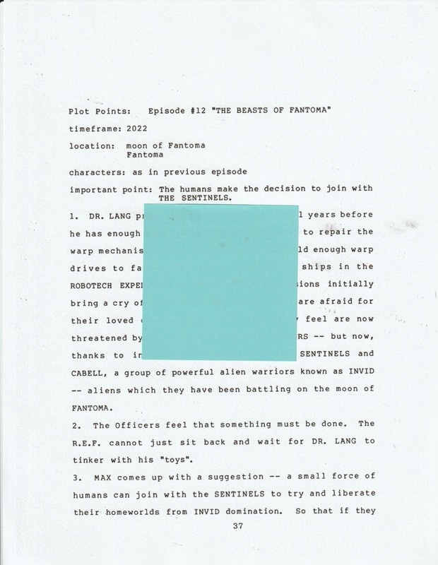 ROBOTECH II The Sentinels-Episode 12-Plot Points "The Beasts of Fantoma" 3 pages