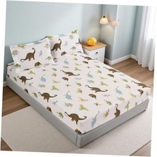 Dinosaur Themed Size Bed Sheet Set, 3Pcs, Soft Microfiber, Full White-dinosaur