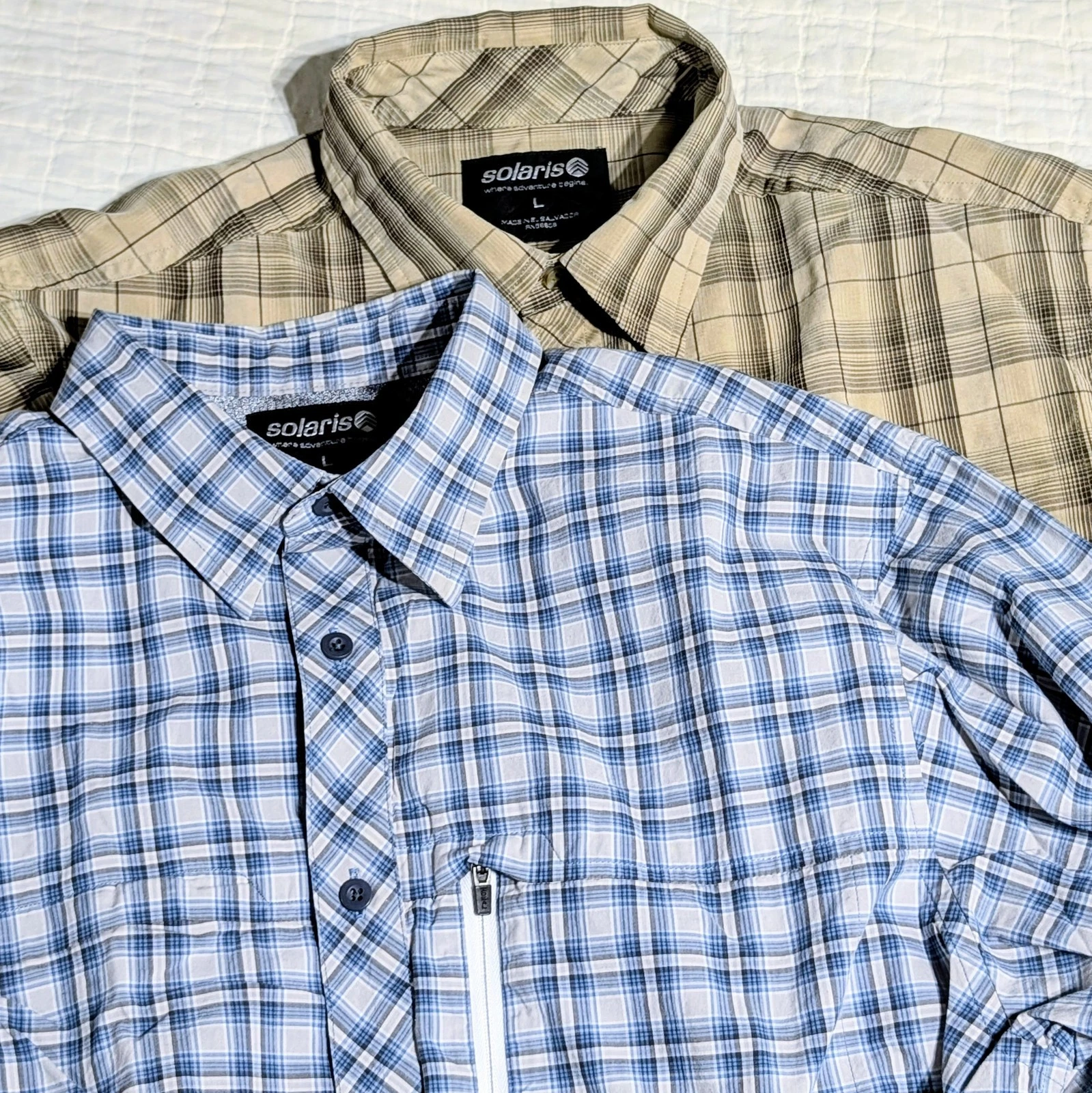 (2) Solaris Mens Shirts Size Large Button Up Long Sleeve Outdoor Plaid Hiking Go