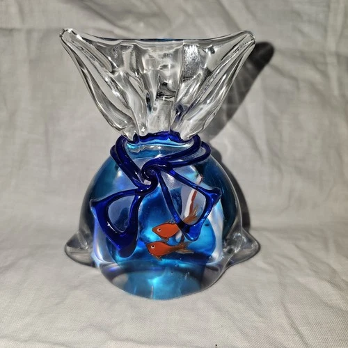 Vintage Murano Goldfish in a Bag Italy Art Glass Statue Handblown 5" Paperweight