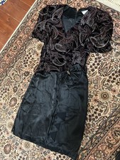 “SALE” Size 10 Cocktail Dress Black Satin Skirt; Bodice Silver+Rose On Velour