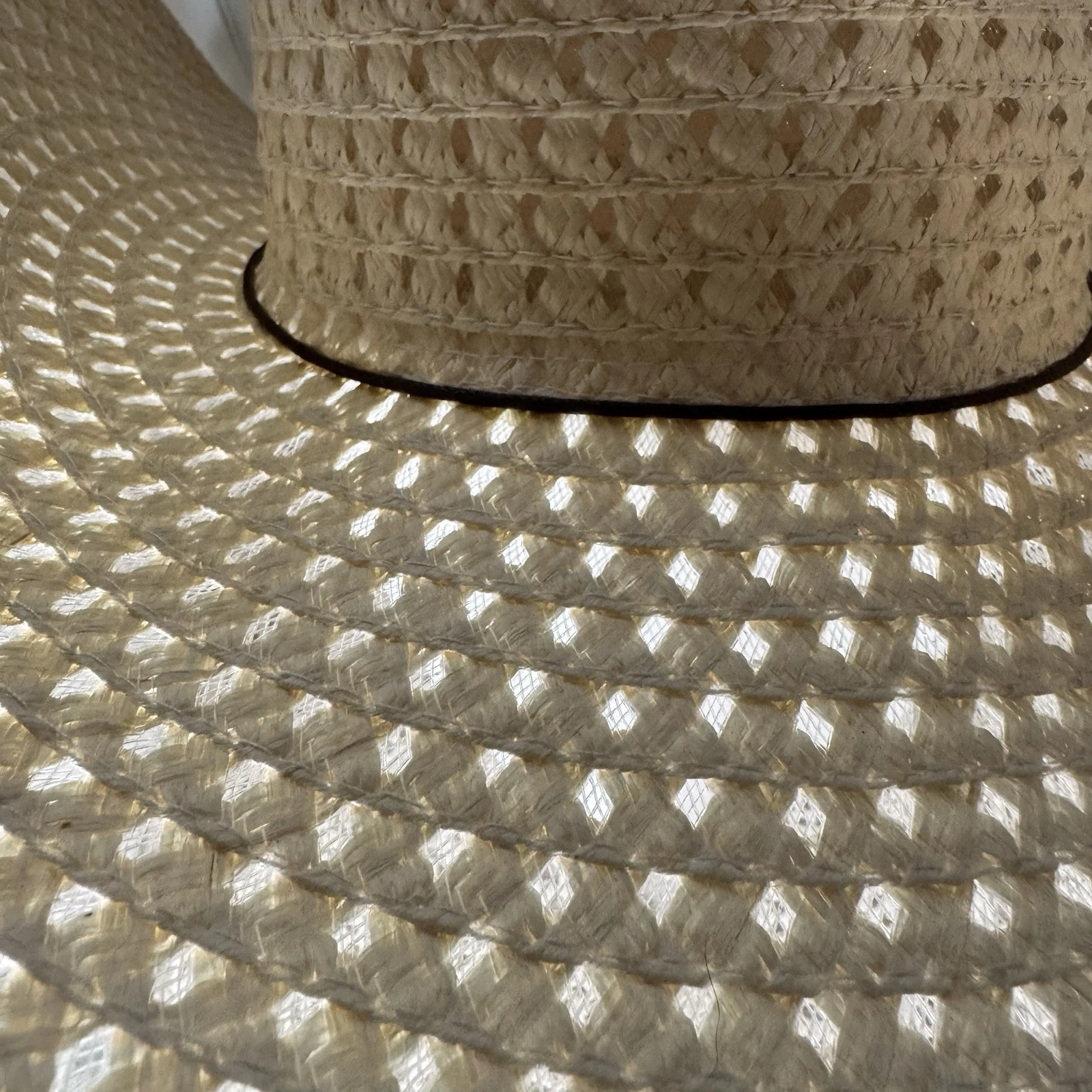 Wide-Brimmed Cream Colored Sun Hat Open Weave Pattern Cord Hat Band Beach Pool
