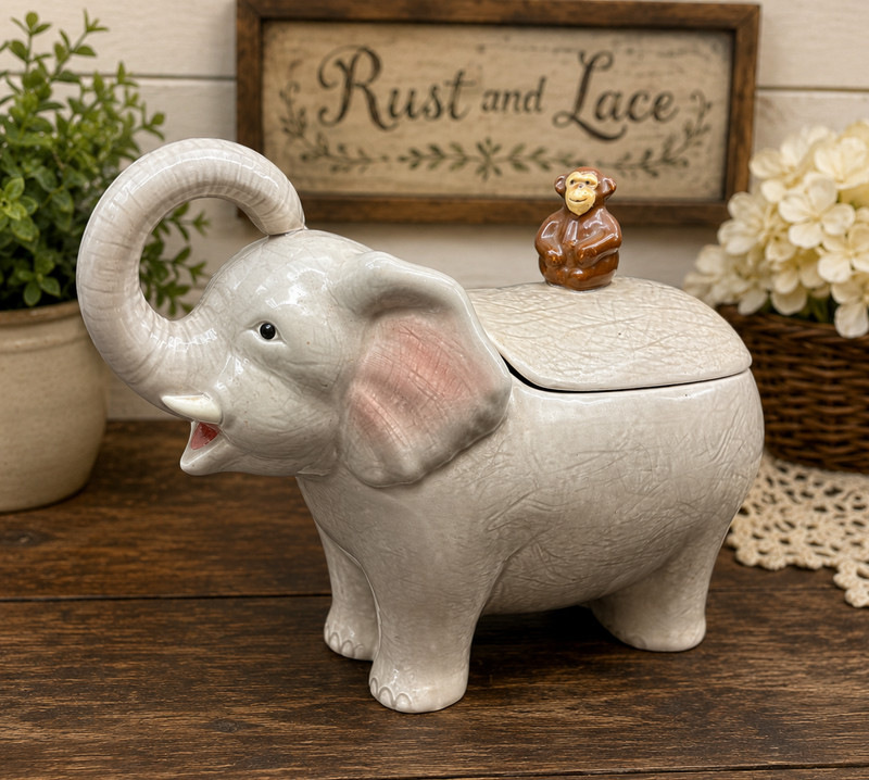 Vintage Hearth & Home Designs Elephant Cookie Jar with Monkey Lid