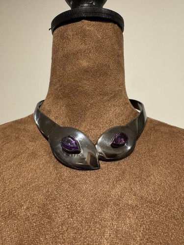 Vintage Taxco Mexico Sterling Silver Modernist Amethyst Torque/Cuff Necklace