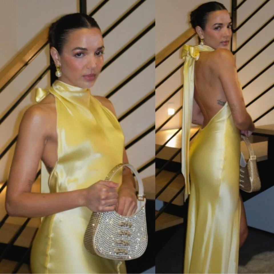 Sau Lee Penelope Satin Maxi Gown Popcorn Yellow Halter Backless Bias Slit Sz 12 - Image 2 of 4