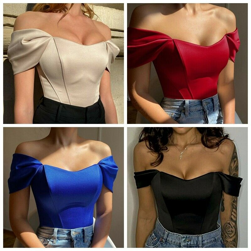 Womens Off Shoulder Corset Top Satin Blouse Overbust Bustier Sexy