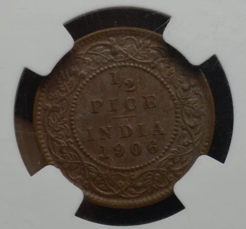 British India 1906 C 1/2 Pice NGC MS62 BN BRONZE! - Scarce.