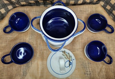 Stoneware Handthrown Soup Pottery 4 Soup Bowls Ramekins Servers Blue Gray
