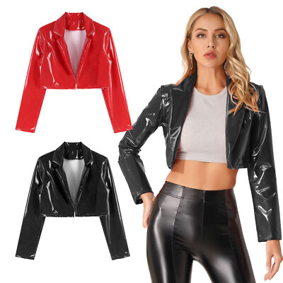 DE Damen Glänzende Jacke Kurz Gothic Mantel Bolero Lack Leder Bikerjacke Offen #