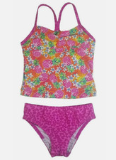 Speedo Girl's Sporty Splice Tankini 2 Piece Swimsuit 14, Pink/Pineapple NWT