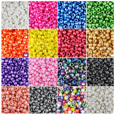 100x Pearl 9x6mm Barrel Plastic Pony Beads - Made in the USA - 25 Color choices