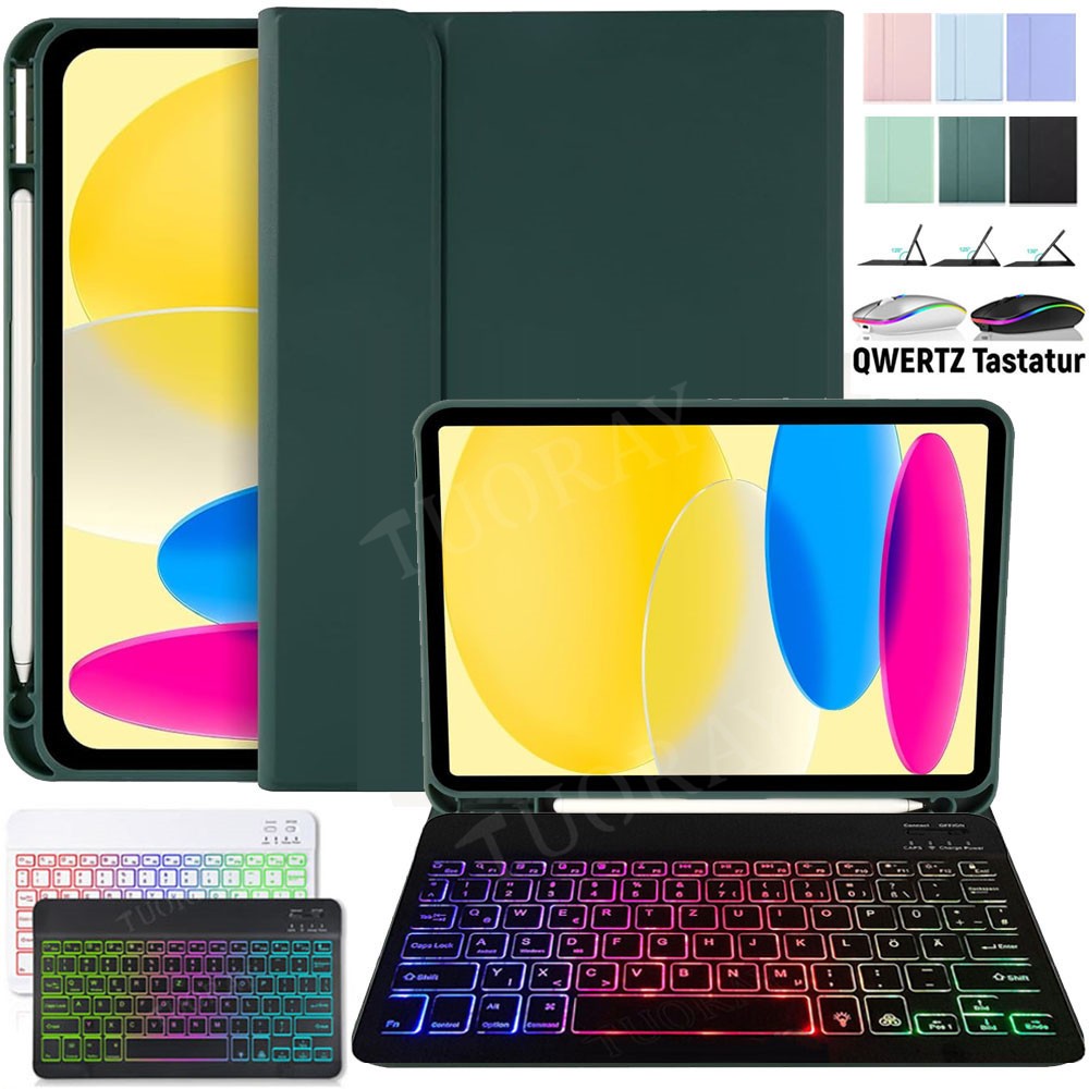 Für iPad 7/8/9/10/11th Gen Air 5 6 Pro 11 QWERTZ Beleuchtete Tastatur Maus Hülle