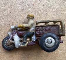 Vintage Cast Iron Toy Motorcycle with Sidecar Trailer and Driver Figure