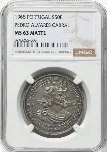 1968 Portugal Silver Pedro Alvares Cabral 50 Escudos NGC MS-63 MATTE