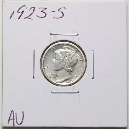 1923-S 10C Mercury Winged Liberty Silver Dime in AU Condition #6240