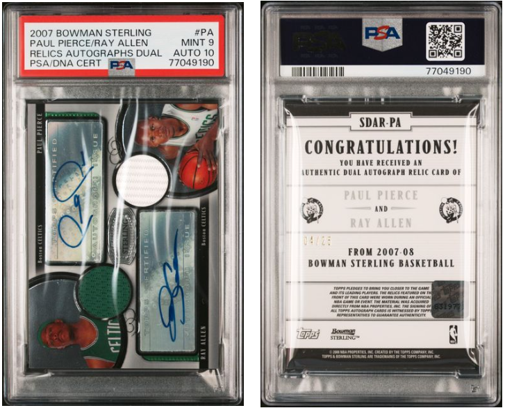 Ray Allen Boston Celtics 2007 STERLING PAUL PIERCE DUAL RELIC AUTO CELTICS PSA 9 Auto 10 /25 