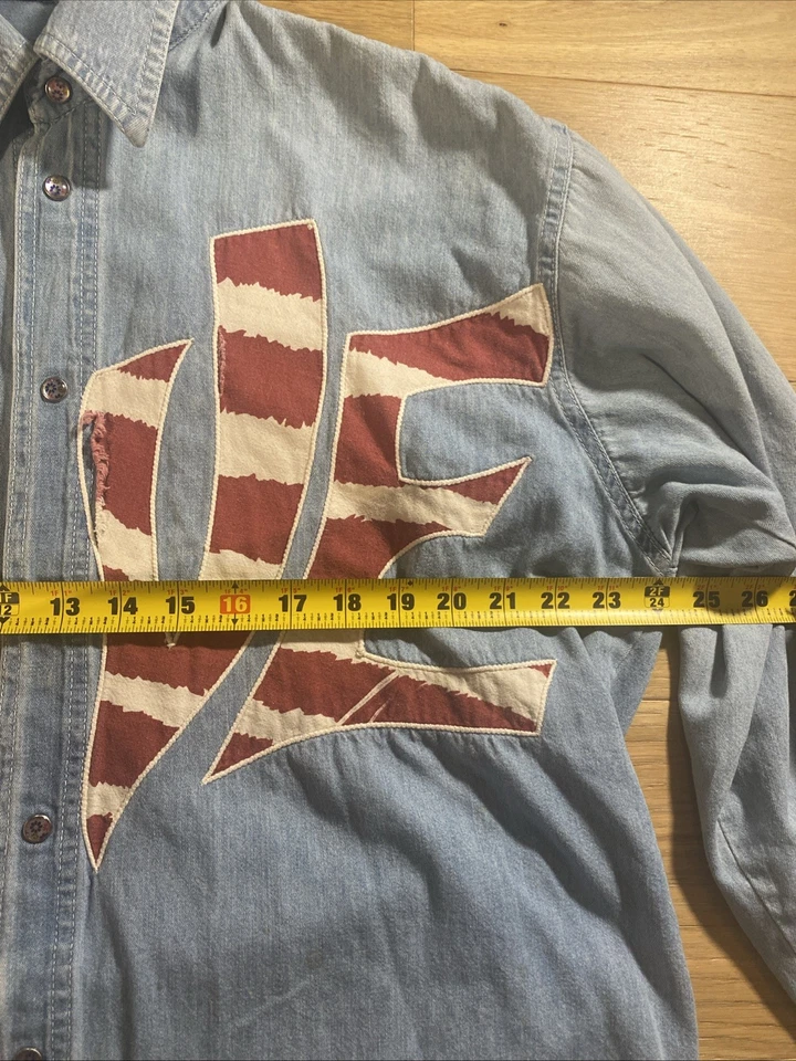 Camisa Hippie De Colección Denim Talla 1 Peace & Love Bandera de Estados Unidos Floral A Presión Envejecida Foto 3 de 4