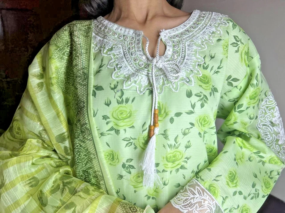 pakistani stitched Lawn 3 piece suit Embroidered Floral Green womens KURTA STYLE - Image 4 of 4