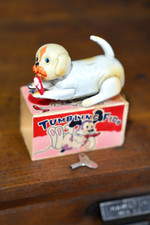 Vintage Wind Up Toy Dog mechanical w/ key box celluloid head tin Antique Japan