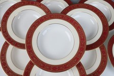 12 MINTON TIFFANY  CO Red Gold Rimmed Soup Salad Bowls Bone China Set Porcelain