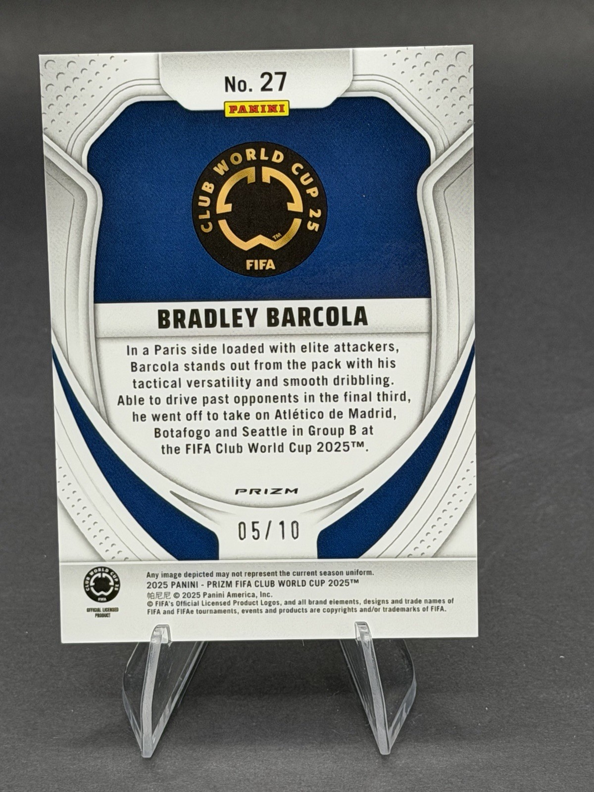 2025 Bradley Barcola Panini Prizm Club World Cup Gold PSG Soccer Card 5/10 view 2