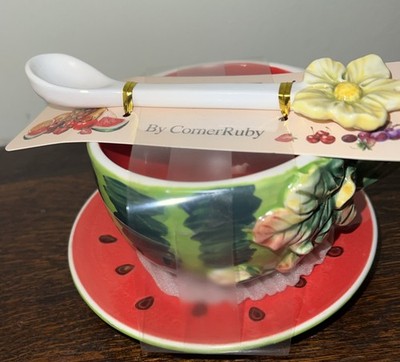 CornerRuby Taste of Fruits Watermelon Cup Saucer Spoon Set Ceramic New