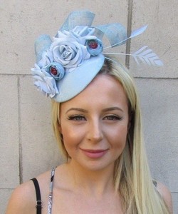 Duck Egg Pale Light Blue Flower Feather Hat Hair Fascinator Races