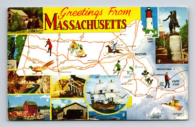 Pictorial Tourist Map & Multi-View Attractions Greetings from Mass MA Postcard