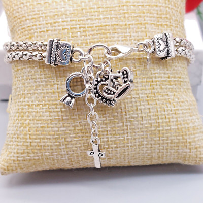 Signed Premire Designs Silver Tone Bracelet Pendants Cross Crown Heart 6''
