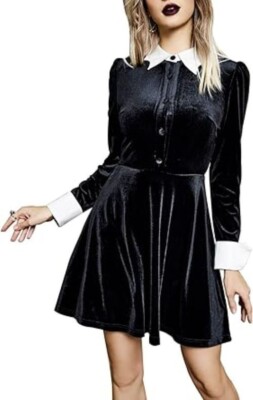 Gothic Contrast Bat Collar Button down Velvet Goth skater Dress- Black XL