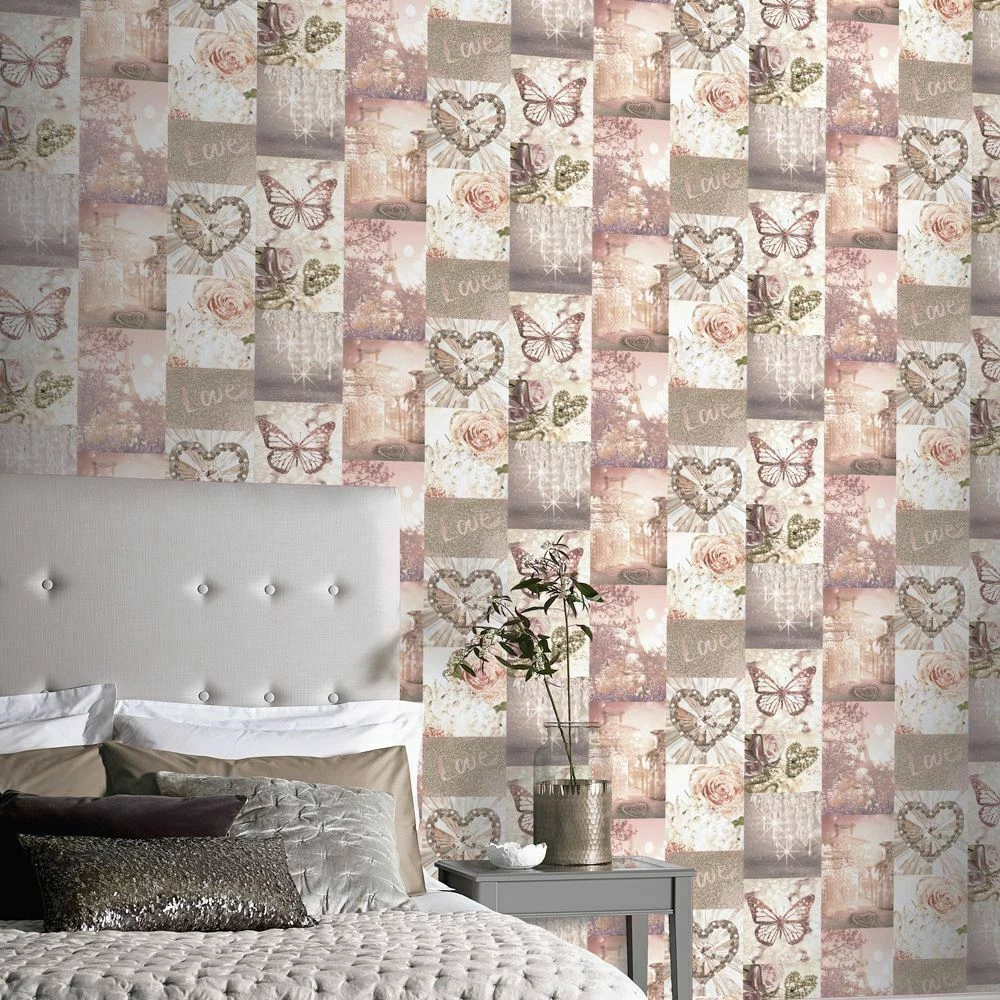 Love Paris Wallpaper Blush Pink Arthouse Glitter Sparkle Butterfly Flower 691107