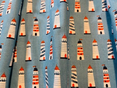 Lighthouses Valance Blue, Nautical, Window Curtain Cotton 43''W x 15''L
