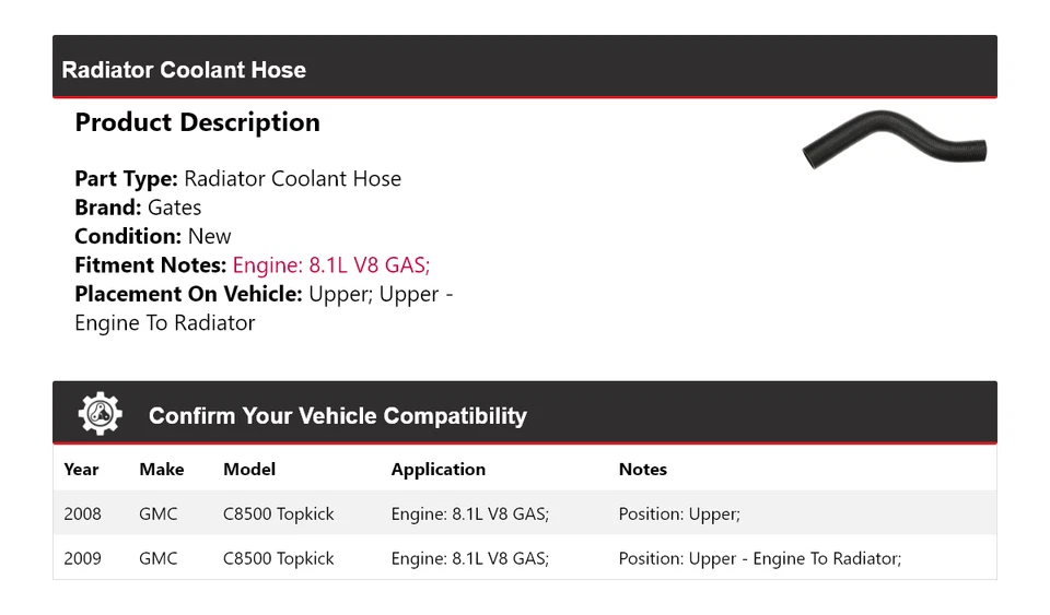 Para GMC C8500 2008-2009 Topkick 8,1 L V8 radiador refrigerante manguera puertas Foto 2 de 4