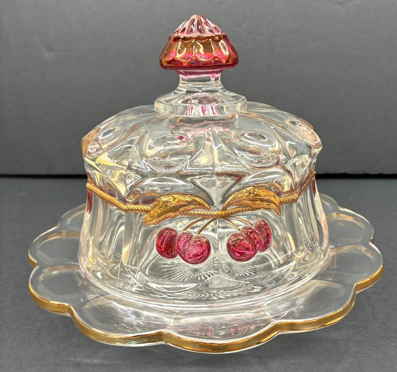 Mosser Cherry & Cable Thumbprint Round Butter Dish with Lid Clear Ruby Gold