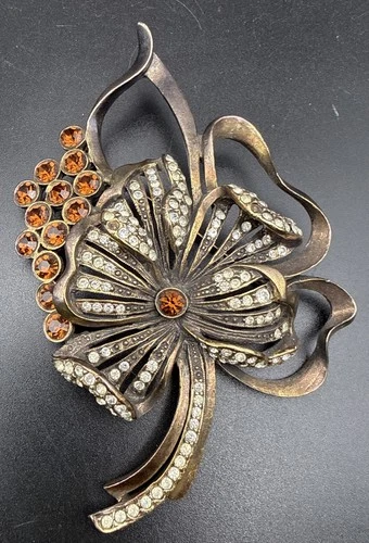 Gold Tone Rhinestone Floral Brooch Pin 3.65" Vintage Costume Jewelry -N6