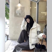 Thom Browne Women's New Winter Knitted Down High Neck Four Bar Jacket