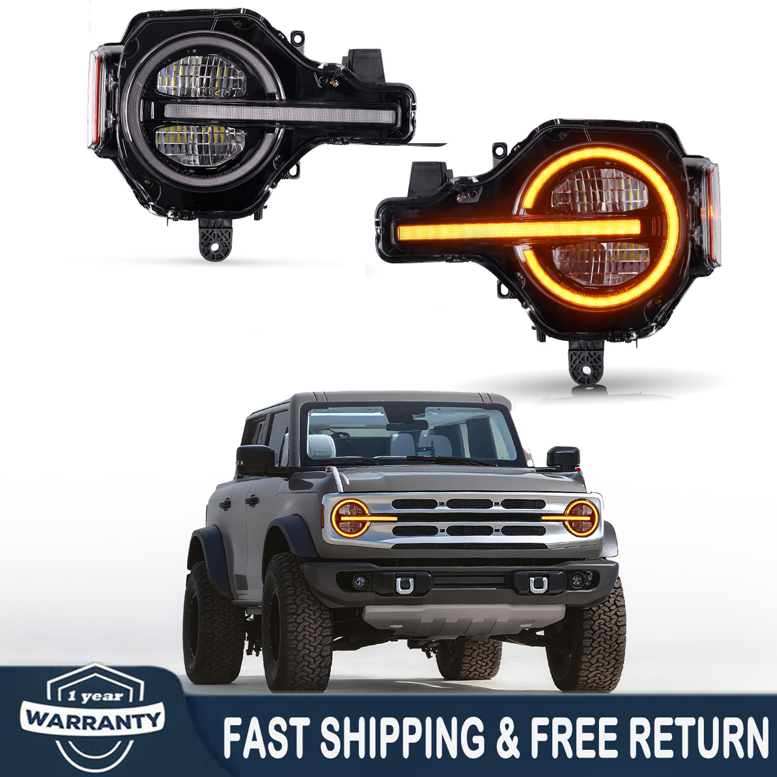 Pair Dynamic LED Headlights For 2021-2025 Ford Bronco Amber/White DRL Headlamp