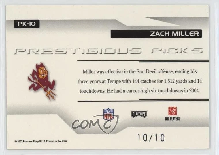 2007 Playoff Prestige Prestigious Picks Platinum /10 Zach Miller Rookie RC - Image 2 of 2