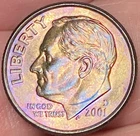 2001-D Roosevelt Dime Beautiful Brilliant Gold/Rainbow Toned Coin   #12