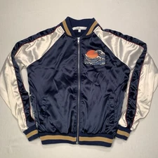 Lovers + Friends Bomber Jacket Womens Small Japanese Wave Embroidered Satin Blue