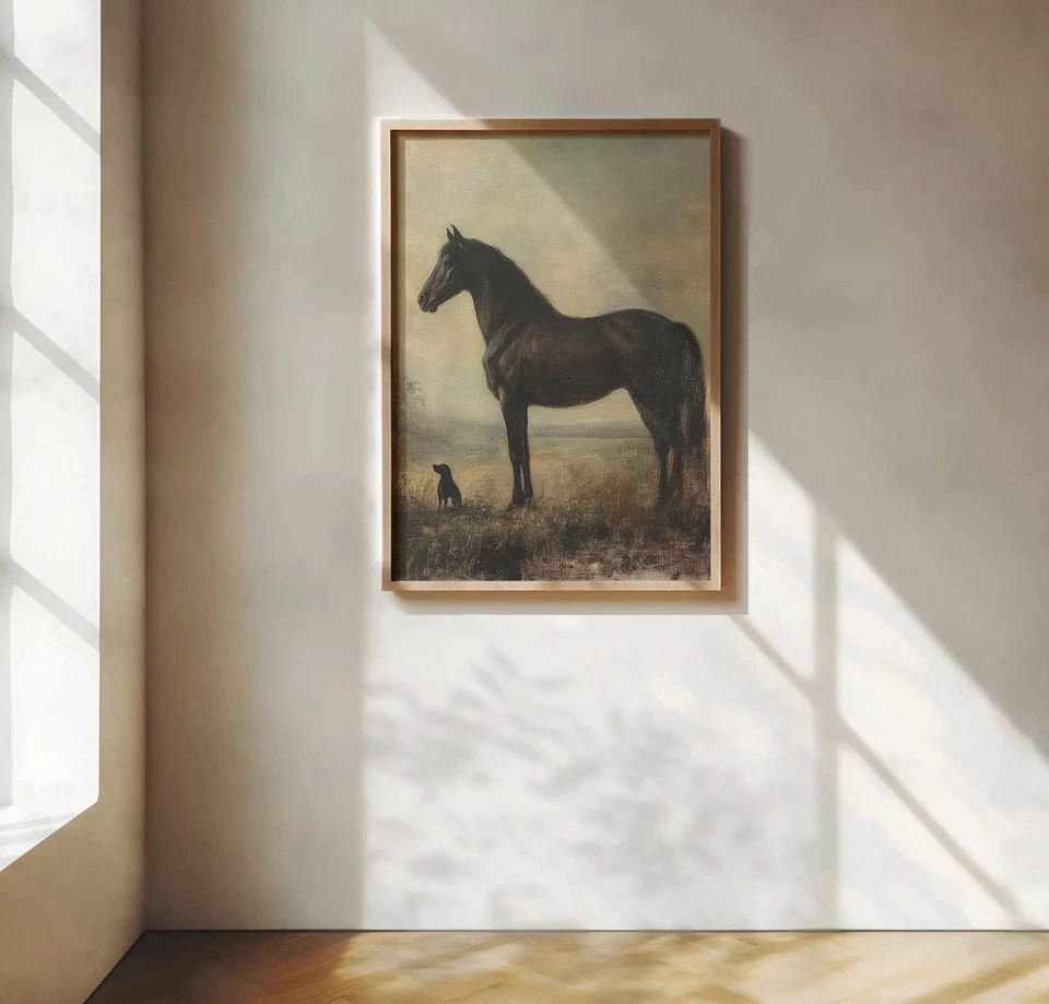 Póster vintage de caballo y perro | Arte de pared ecuestre rústico | Impresión de granja Foto 3 de 3