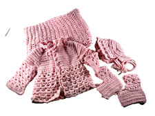 Estate Hand Crochet Pink Baby SET Blanket Sweater Bonnet Booties Newborn READ