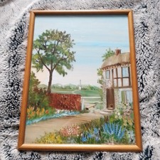 Vintage Continental European Style Country Cottage Garden Scene Framed Painting