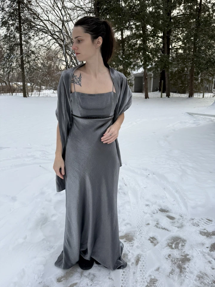 Maxi Vestido Vintage Blondie Nites Baile de graduación Años 90 Y2K Gris Plateado Foto 3 de 4