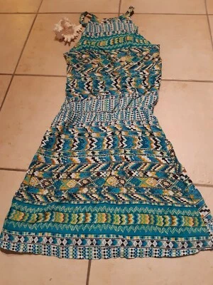 Kleid ärmellos Damen, kurz, geom. Muster, türkis/weiß/curry/schwarz, S, Madonna - Bild 1 von 4