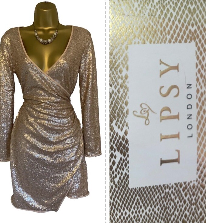 Lipsy Gold Nude Sequin Wrap Dress 10 Long sleeve Champagne Party Occasion  68 | eBay UK
