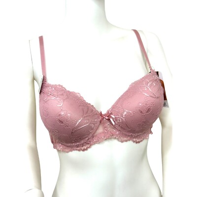 Rene Rofe Pink Push-Up Bra 36C Padded Cups Lace Overlay Adjustable,  Ribbon Bow
