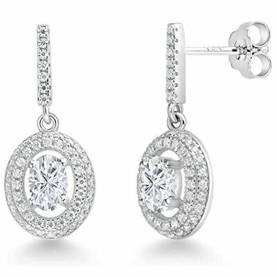 2Ct Oval Cut Lab Created Diamond Halo Drop Dangle Earrings 14K White Gold Plated