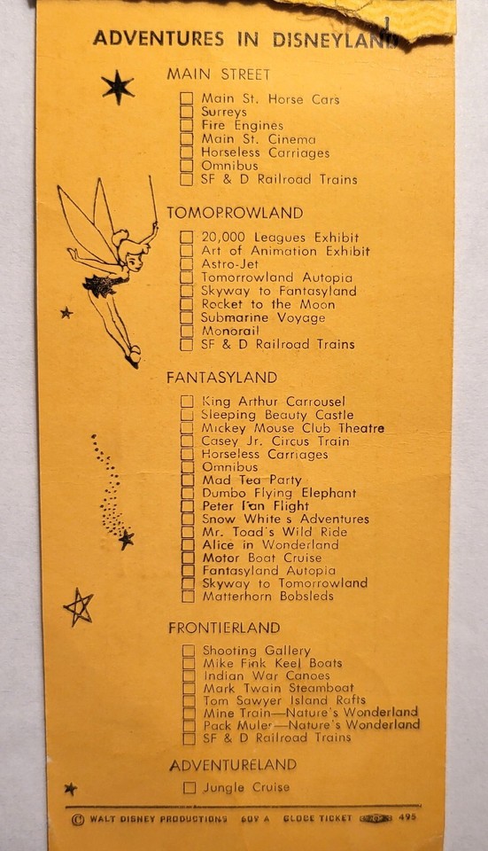VINTAGE DISNEYLAND ADULT 10 TICKET BOOK from 1960; 2 tickets remain