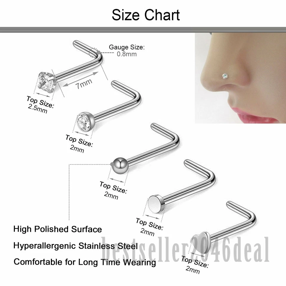 21 PIEZAS Acero Inoxidable Circonita cúbica Anillos para Nariz Pendientes Pernos L Tornillo Hueso Cuerpo Piercing 20G Foto 3 de 4